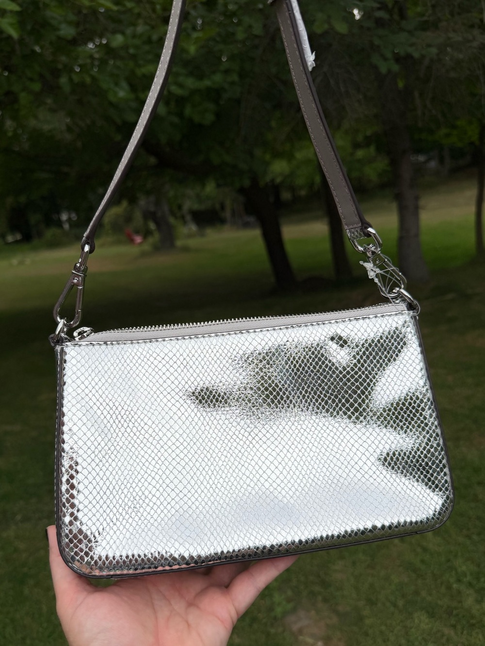 Michael Kors Jet Set Medium Pouchette Silver Metallic Snake Embossed NWT - Picture 9 of 10